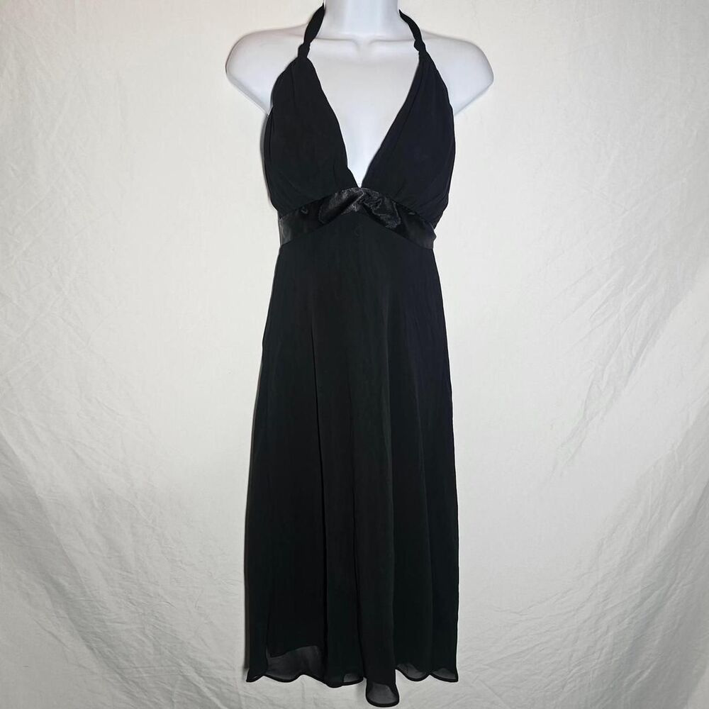 vintage y2k 2000s black chiffon halter neck midi dress